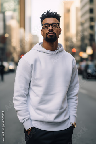 A handsome man standing outdoors in a city, modelling a plain white hooded sweatshirt ready for a design. Generative AI. 