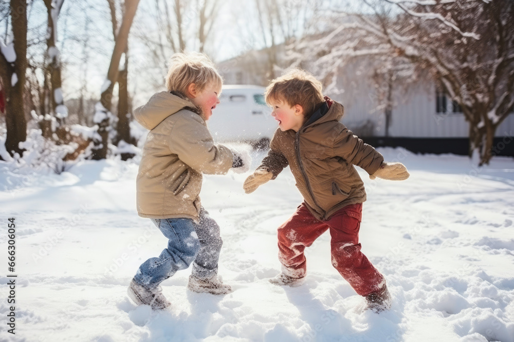 Two caucasian boys - children playing in the snow, snowballs and snow fight, winter