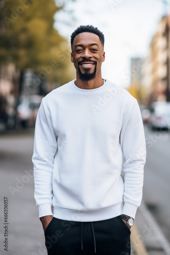 A handsome man standing outdoors in a city, modelling a plain white sweatshirt ready for a design. Generative AI. 
