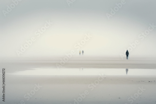 Three men stand and walk on a foggy beach.