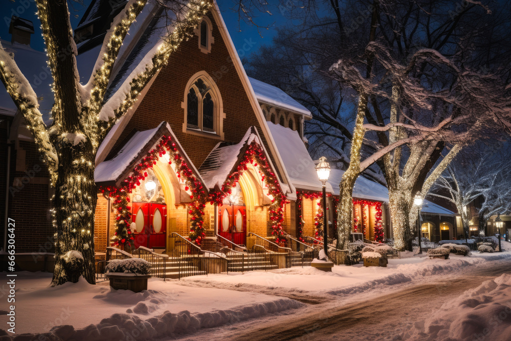 A church with christmas decorations in the snow at night A church with christmas decorations in the snow at night
