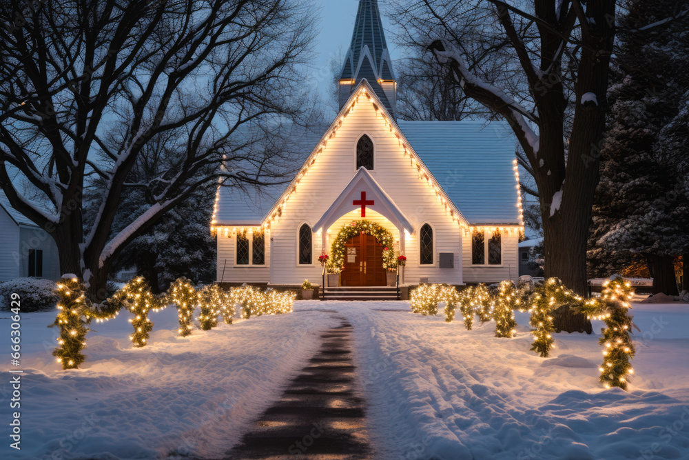 A church with christmas decorations in the snow at night A church with christmas decorations in the snow at night