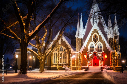 A church with christmas decorations in the snow at night