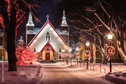A church with christmas decorations in the snow at night © MVProductions