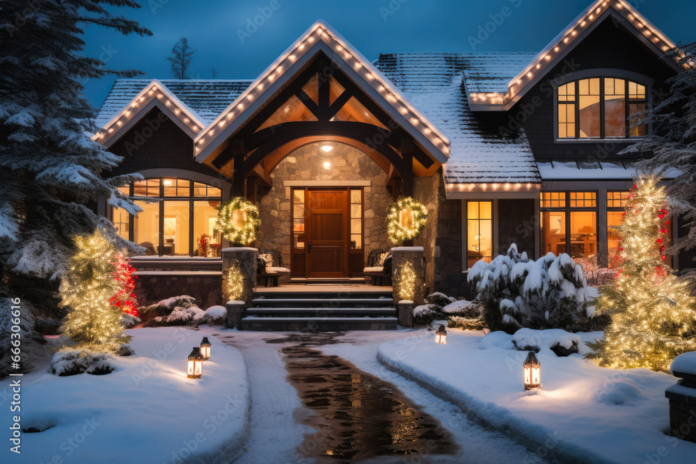 A traditional house exterior with Christmas decorations in the snow, at night
