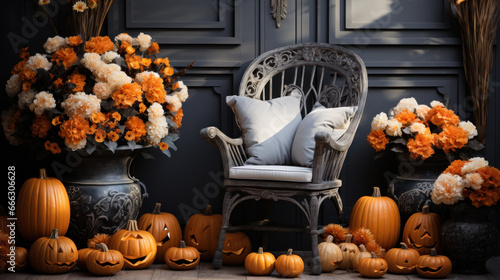 Festive Welcome: Halloween Decor on a Gray and White Porch. Generative AI