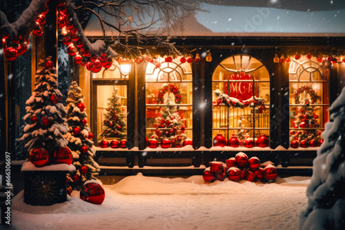 Store exterior Christmas decorations in the snow at night or evening