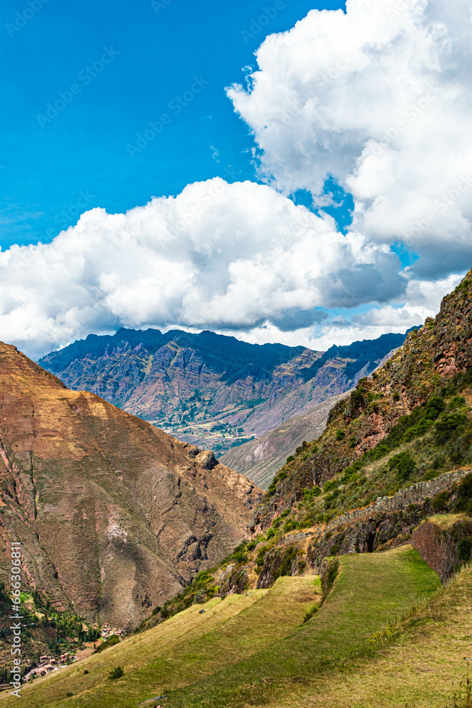 Pisac archeological site terrace near Cusco in Perú