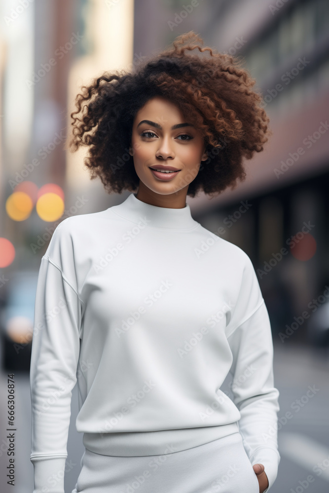 A female model wearing a blank white sweatshirt on a city street, ready for a design. Generative AI. A female model wearing a blank white sweatshirt on a city street, ready for a design. Generative AI.