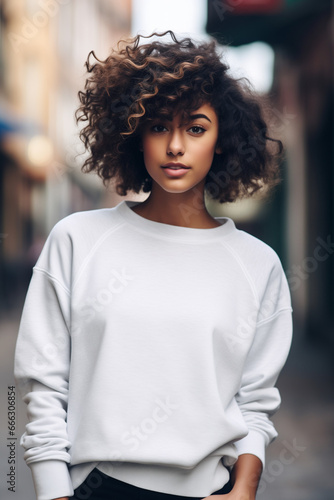 A female model wearing a blank white sweatshirt on a city street, ready for a design. Generative AI. 