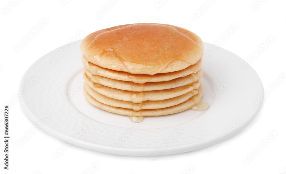 Delicious pancakes with honey isolated on white Delicious pancakes with honey isolated on white