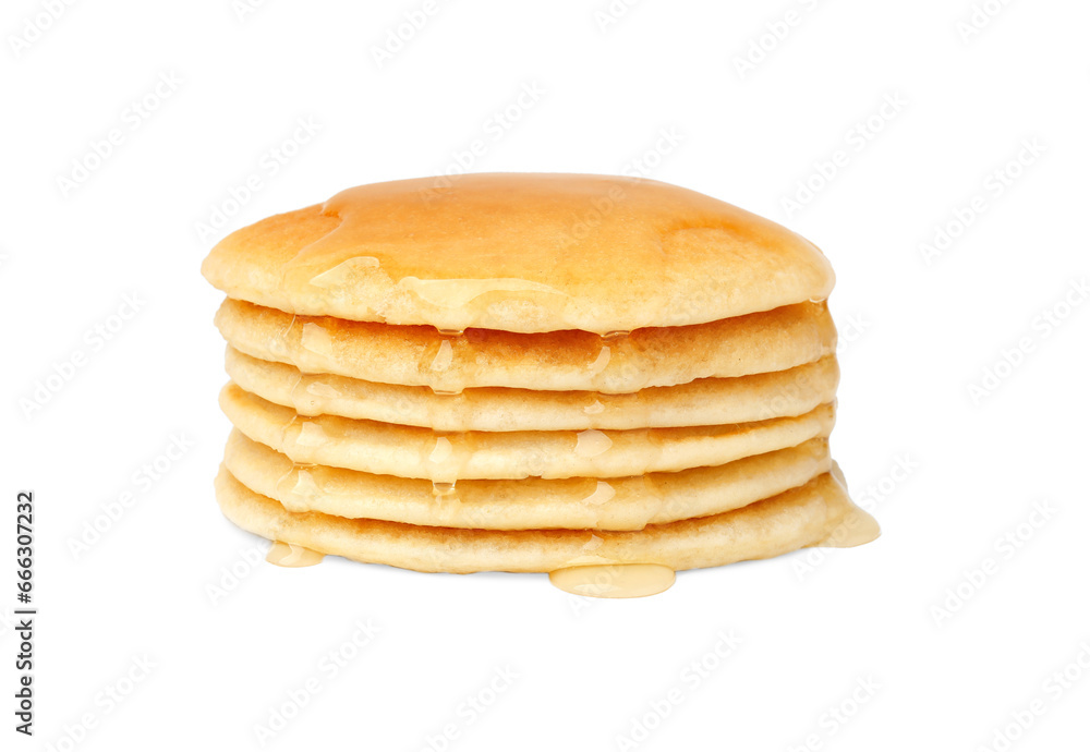 Stack of tasty pancakes with honey isolated on white Stack of tasty pancakes with honey isolated on white