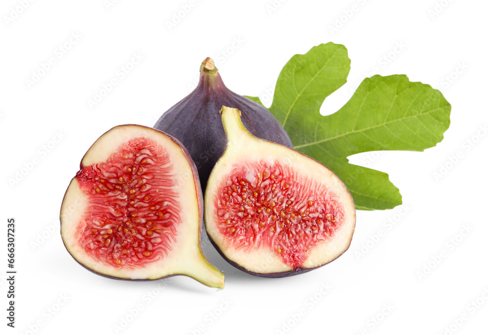 Whole and cut ripe figs with green leaf isolated on white Whole and cut ripe figs with green leaf isolated on white
