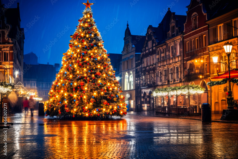 Fototapeta premium Beautiful Christmas tree in a town square at night