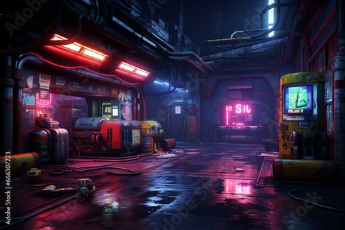 Gritty, vibrant underground garage with neon lights illuminating a realistic cyberpunk scene. Generative AI