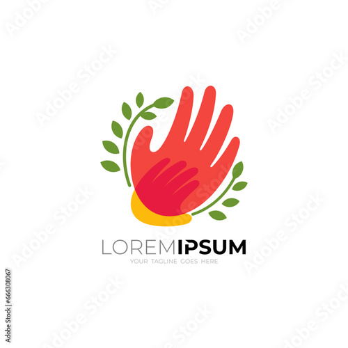 Hand care logo with wheat design combination, charity icon, unity logos
