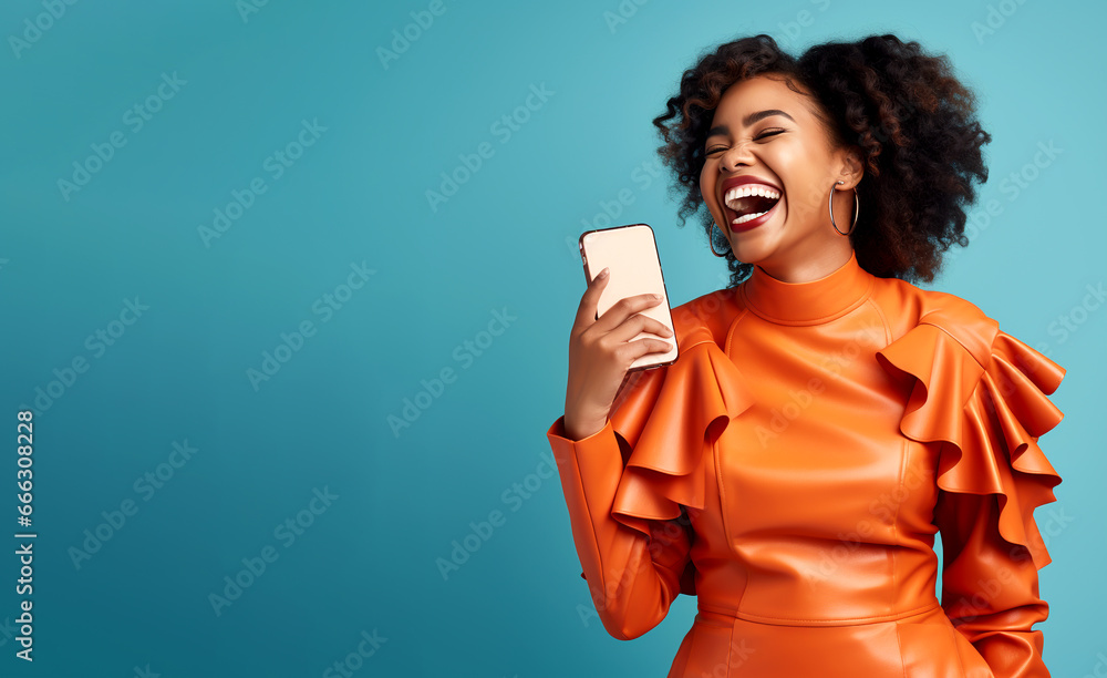 LAUGHING AFRICAN AMERICAN WOMAN TALKING ON THE PHONE. image created by legal AI LAUGHING AFRICAN AMERICAN WOMAN TALKING ON THE PHONE. image created by legal AI