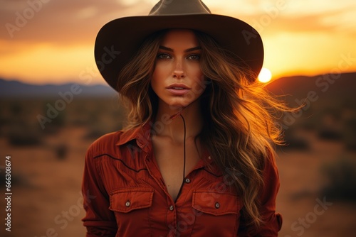 Cowgirl model against a western desert, sunset glow.