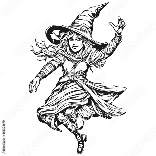 Malevolent Hand-Drawn Reflection of a Halloween Sorceress Figure