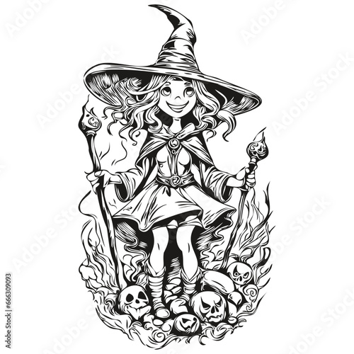 Mysterious Halloween Witch in Black and White isolated black silhouette