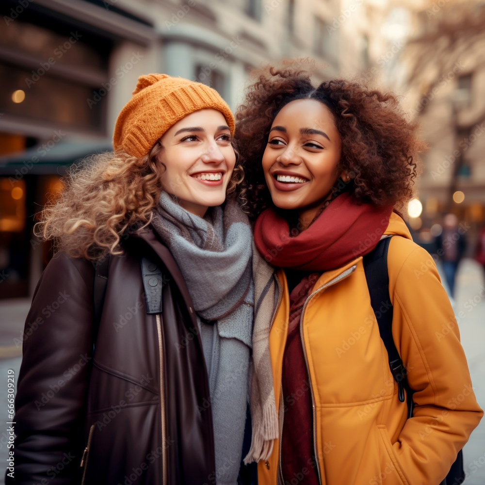 TWO LAUGHING MULTIETHNIC GIRLFRIENDS WALKING ON THE STREET. image created by legal AI TWO LAUGHING MULTIETHNIC GIRLFRIENDS WALKING ON THE STREET. image created by legal AI