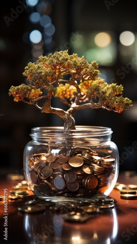 A jar with coins and a plant growing inside UHD wallpaper Stock Photographic Image