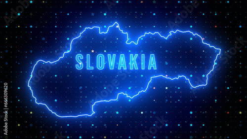 Photography Futuristic Blue Shine Slovakia Outline Map And Label Text Glowing Neon Light Wit