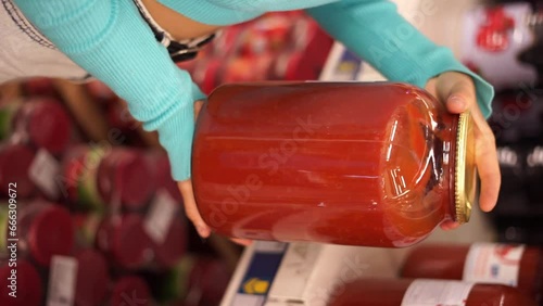 tomato juice in a supermarket big jar photo