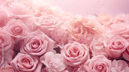 Delicate blossoming roses and blooming flowers