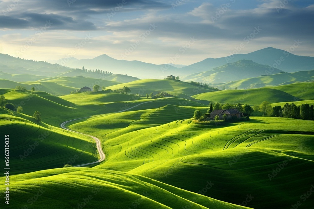 A picturesque landscape of rolling hills and lush green fields. Generative AI