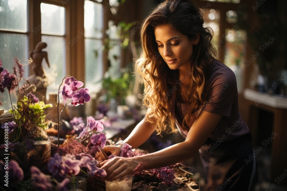 Florist creating a cascading bouquet with exotic orchids and ferns