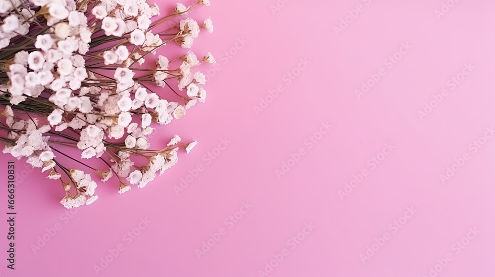 Flowers composition Rose and gypsophila flowers on a pink background