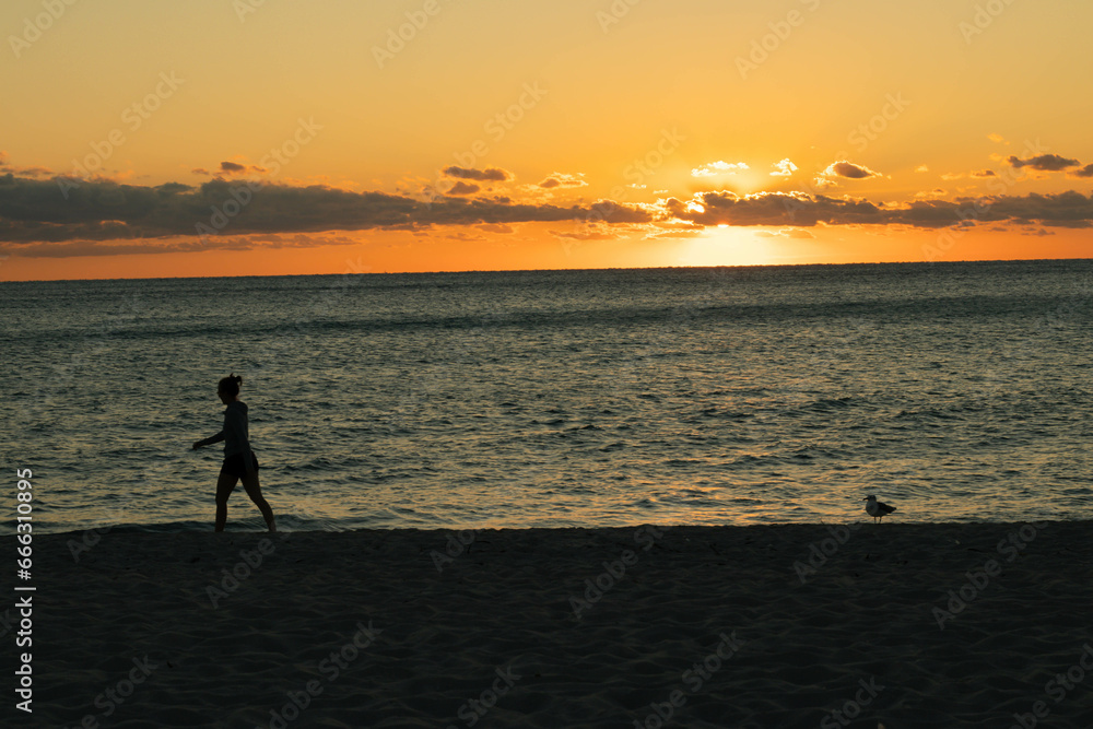 Silhouettes of people walking at sunrise in miami south beach florida