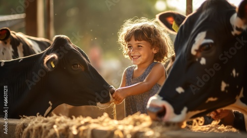 Children feed the cows, children are happy at the dairy cow farm photo