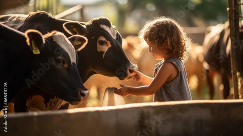 Children feed the cows, children are happy at the dairy cow farm	 photo