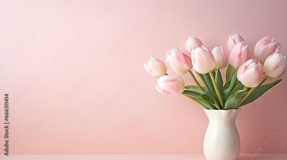 Fototapeta premium Fresh light peony tulips on pastel pink background