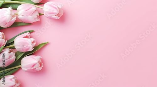 Fresh light peony tulips on pastel pink background