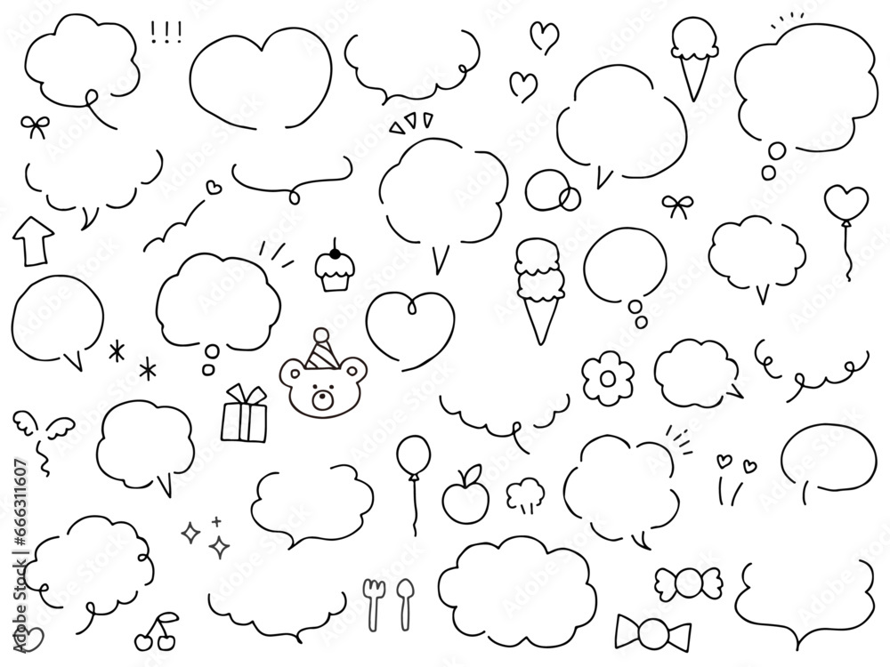 Naklejka premium かわいい飾り素材と吹き出しのベクターイラストセット。 ふきだし、フレーム、くま、りぼん、ガーリー 