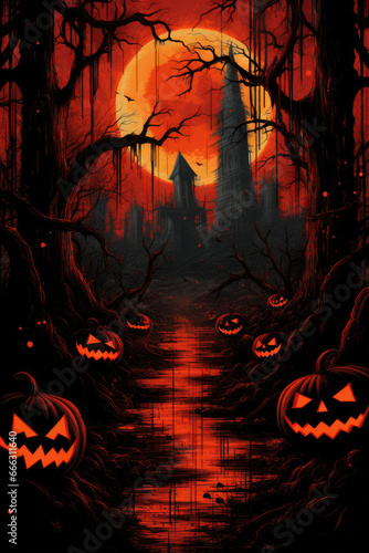 Fear consept wallpaper red pumpkin face and dark background