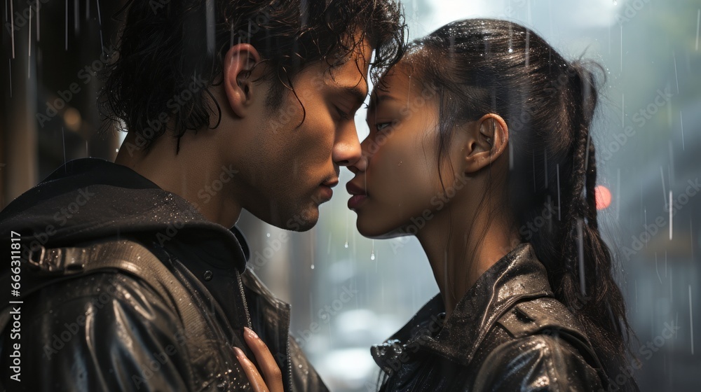 A couple kissing in the rain. Generative AI. A couple kissing in the rain. Generative AI.