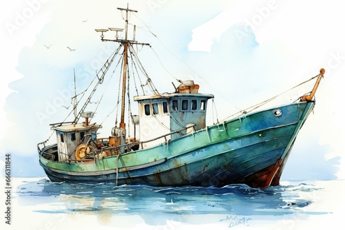 Illustration of fishing boat painted in watercolors. Generative AI