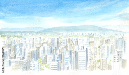 高層ビルとマンションが立ち並ぶ風景 水彩画