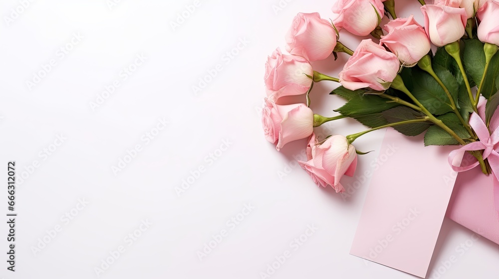 Paper card between light pink roses and gift on light pink background Paper card between light pink roses and gift on light pink background