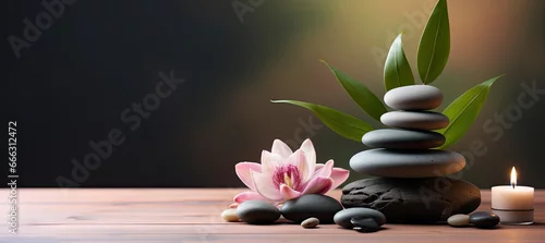 Obraz  z motywem zen stones with candle and lotus flower, generative ai