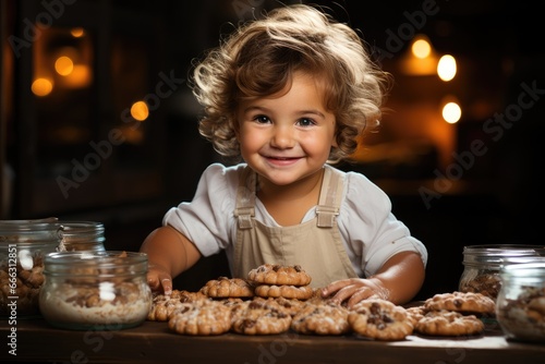 Little child baking cookies in a kitchen.