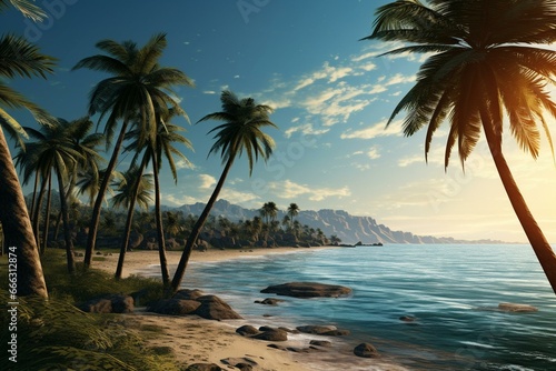 A beautiful view of the ocean and tall palm trees. Generative AI