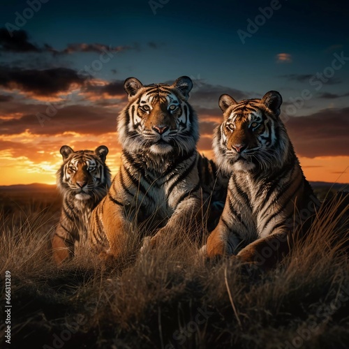 a family of tigers relaxing. with a background of meadows and twilight. generative ai © KBL Sungkid
