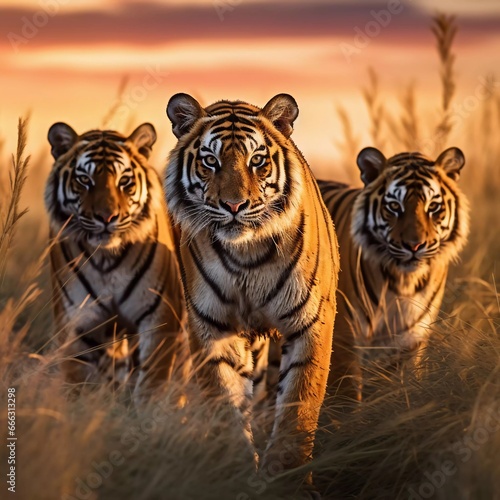 a family of tigers relaxing. with a background of meadows and twilight. generative ai