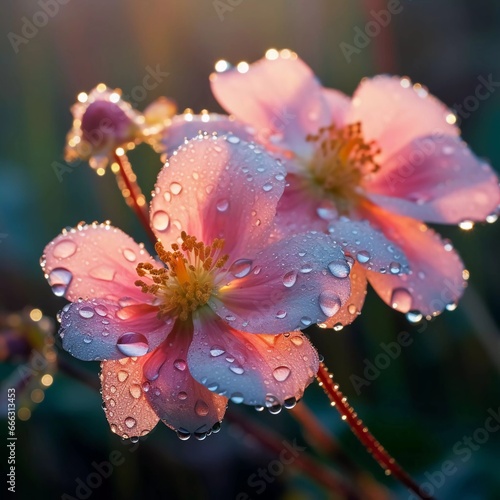 Beautiful flowers in the morning with dew drops on them. generative ai