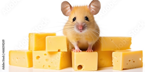Photo of a cute mouse on a huge pile of cheese photo